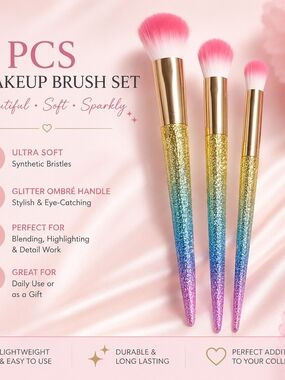 3-Piece Glitter Ombre Makeup Brush Set | Pink Bristles | New